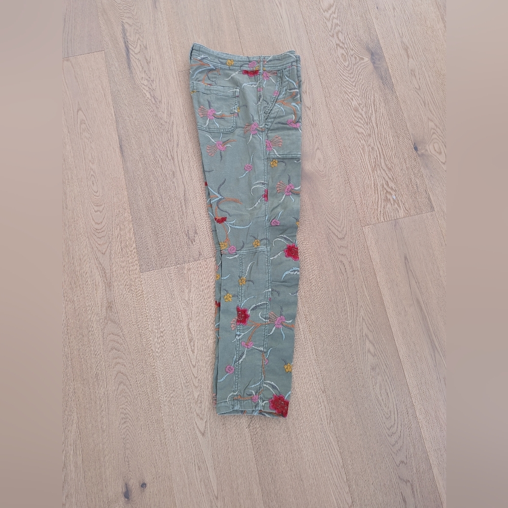 Anthropologie Green Embroidered Cropped Pants